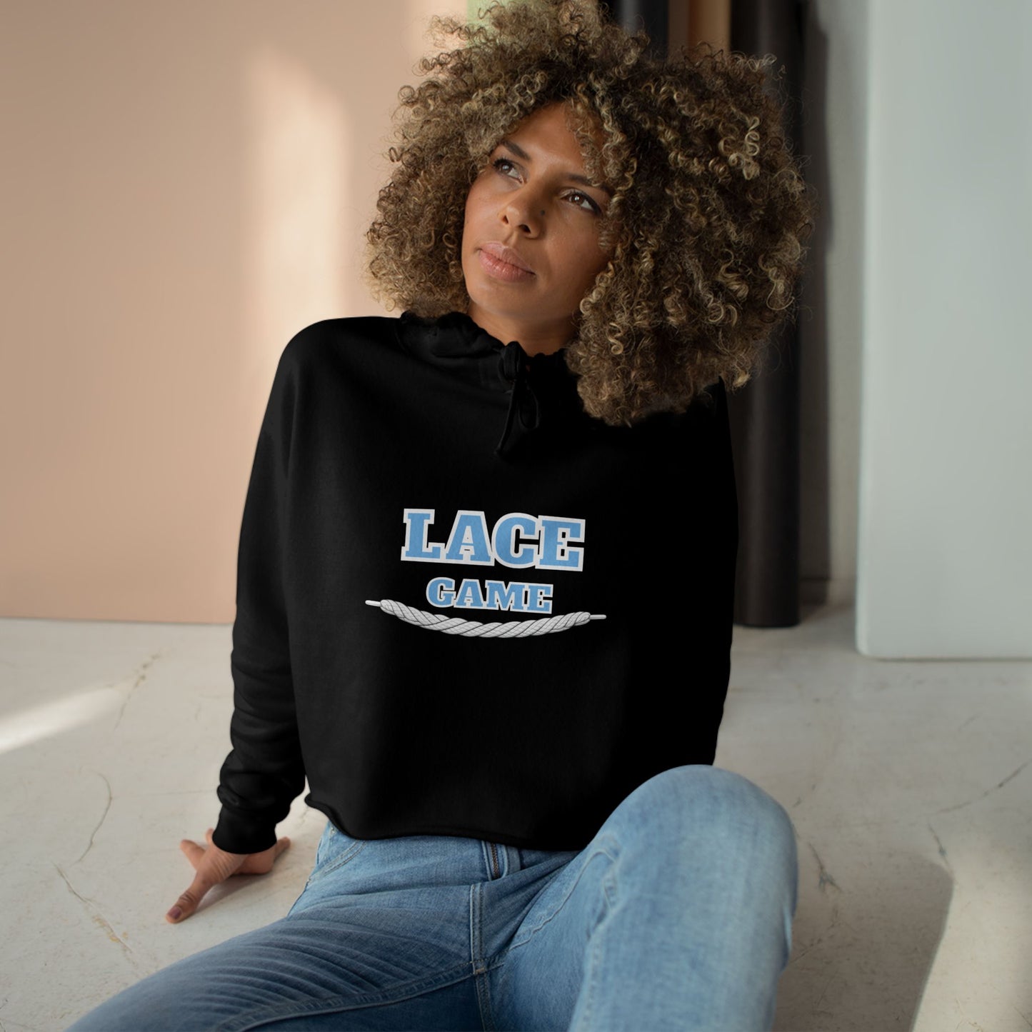 Lace Game Cropped Hoodie — Athletic Casual Crop Sweatshirt with Rope Lace Graphic